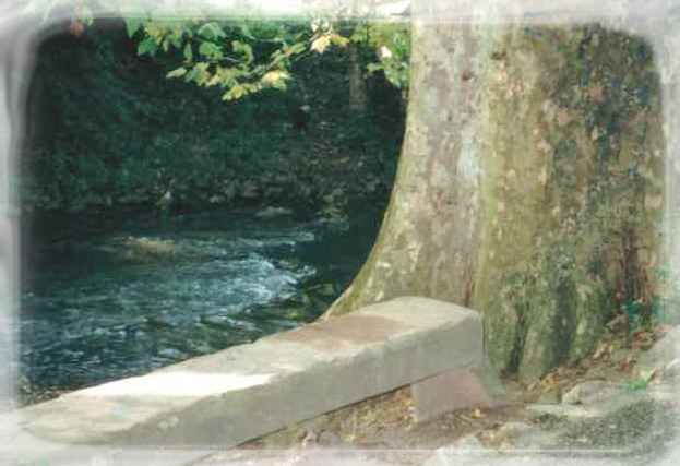 Gemtlich sitzen, auf einer uralten Steinbank an der Schutter im Rosenpark in Lahr.